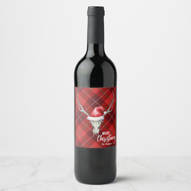 Rustic Country Reindeer Skull & Santa Ha Christmas Wine Label (Front)