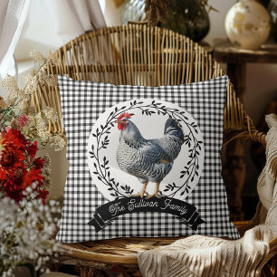 Rustic Country Rooster Chicken BW Gingham Checks Cushion