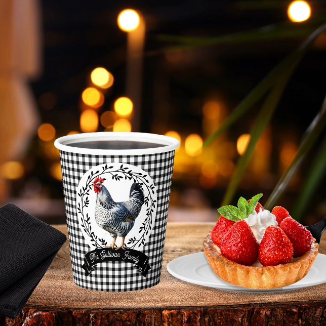Rustic Country Rooster Chicken BW Gingham Checks Paper Cups (Rustic Country Rooster Chicken Black and White Gingham Checks Farm Family Name Two-Tone Coffee Mug)