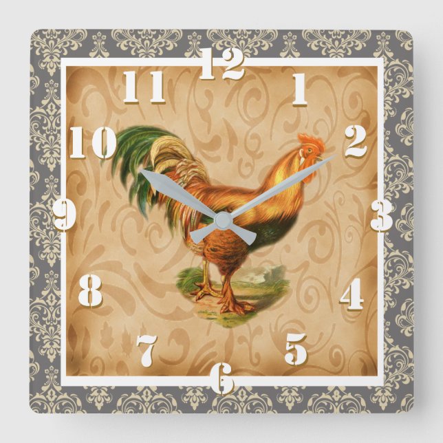 Rustic Country Rooster Elegant Damask Ornate Square Wall Clock (Front)