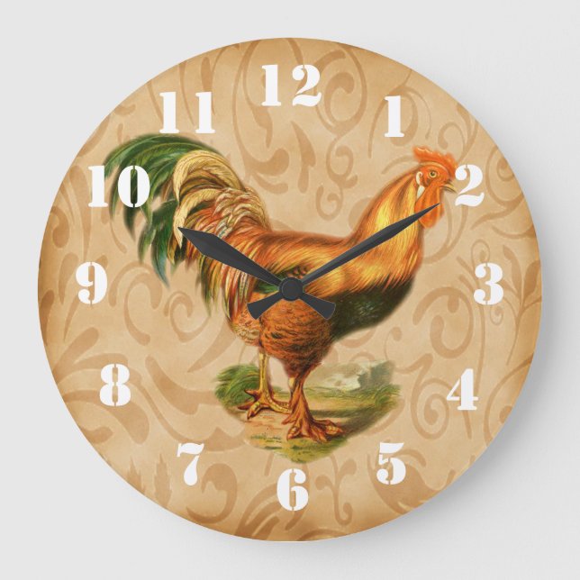 Rustic Country Rooster Ornate Kitchen Large Clock (Front)
