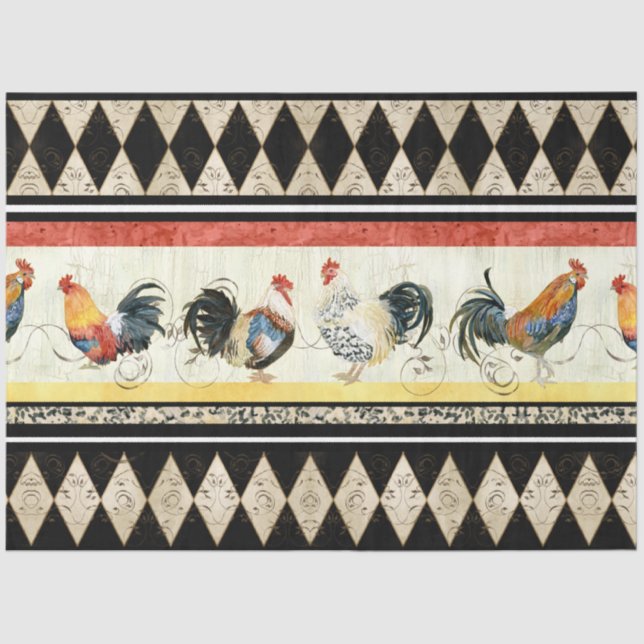 Rustic Country Roosters Harlequin Black and Tan Tissue Paper (Front)