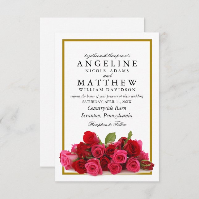 Rustic Country Roses Gold Border Floral Wedding Invitation (Front/Back)
