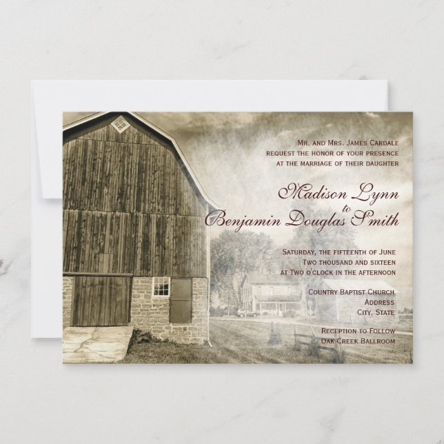 Rustic Country Rural Barn Distressed Invitations (Front)