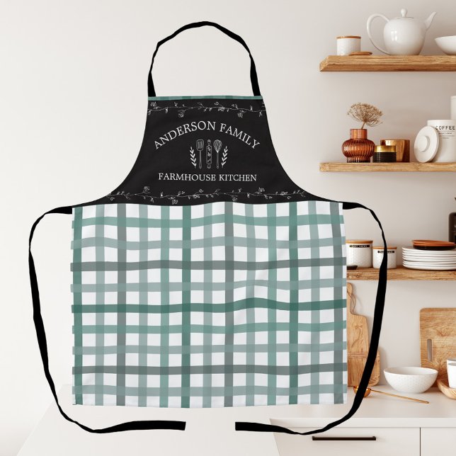 Rustic Country Sage Green Gingham Black Chalkboard Apron (In situ)