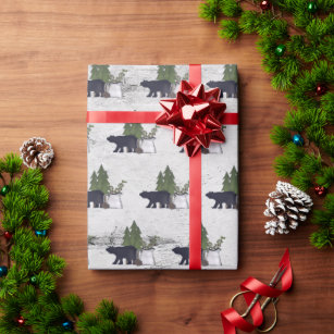 Rustic Country Silhouette Bear and Trees on Birch Wrapping Paper