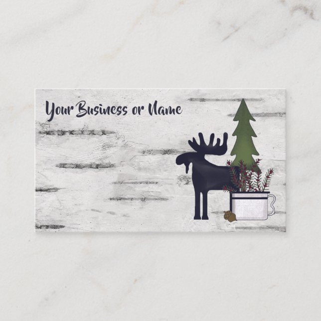 Rustic Country Silhouette Moose on Birch Tree Bark Business Card (Front)