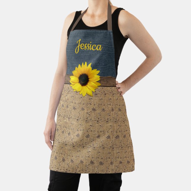 Rustic Country Simulated Burlap Denim Sunflower Apron (Insitu)