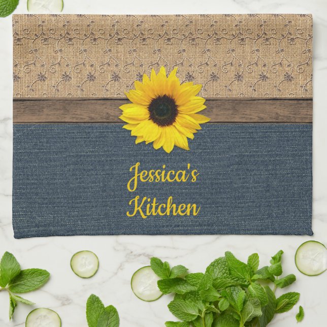 Rustic Country Simulated Burlap Denim Sunflower Tea Towel (Folded)