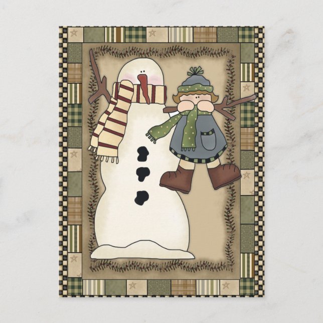 Rustic Country Snowman Holly Berries Open House  Holiday Postcard (Front)