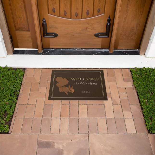 Rustic country squirrel family name Welcome Doormat (Outdoor)