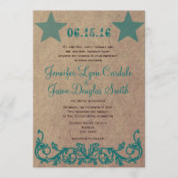 Rustic Country Star Brown Teal Wedding Invitations