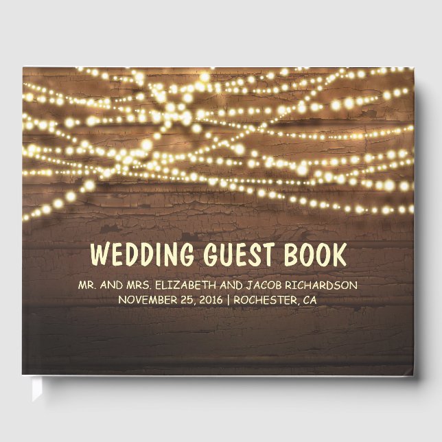 Rustic Country String Lights Barn Wood Wedding Guest Book (Front)