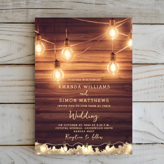 Rustic Country String Lights Barn Wood Wedding Invitation (Creator Uploaded)