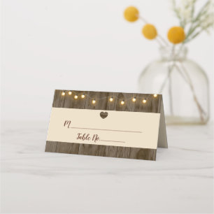 Rustic Country String Lights Barn Wood Wedding Place Card