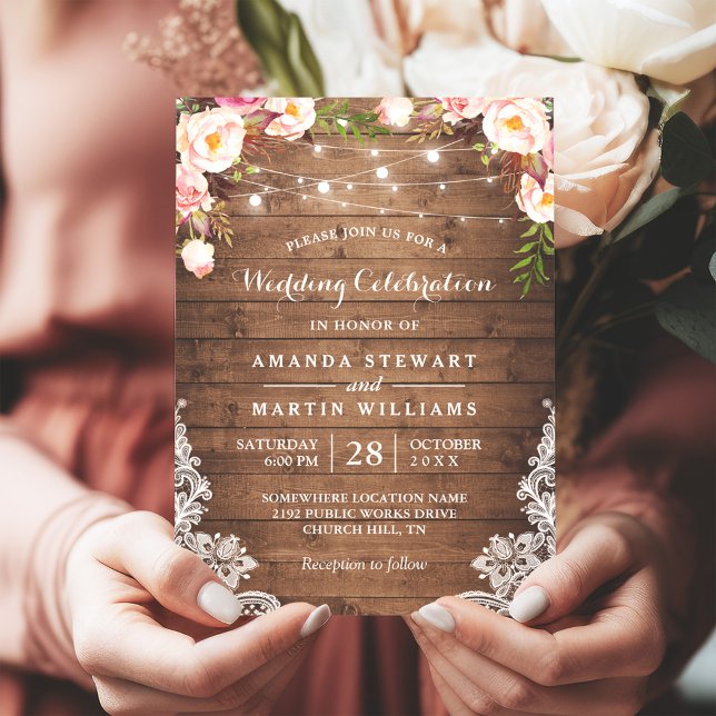Rustic Country String Lights Floral Lace Wedding Invitation (Creator Uploaded)