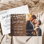 Rustic Country String Lights Photo Save the Date Postcard<br><div class="desc">Our Rustic Country String Lights Photo Save the Date Postcard is the perfect way to announce your upcoming wedding. This postcard features a charming rustic design with string lights and a space for your favourite engagement photo. You can use Zazzle's design tool to customise this template and create a unique...</div>