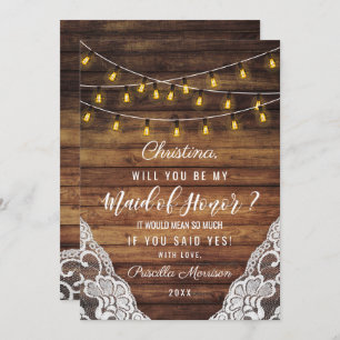 Rustic Country String Lights Wood Lace Maid Honour Invitation