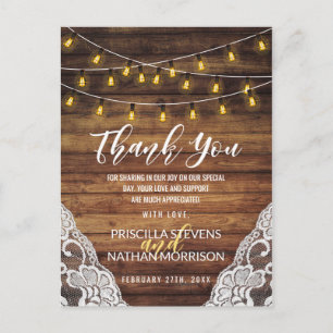 Rustic Country String Lights Wood Lace Thank You Postcard