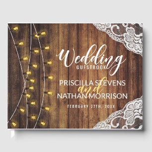 Rustic Country String Lights Wood Lace Wedding Guest Book