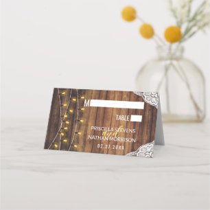 Rustic Country String Lights Wood Lace Wedding Place Card