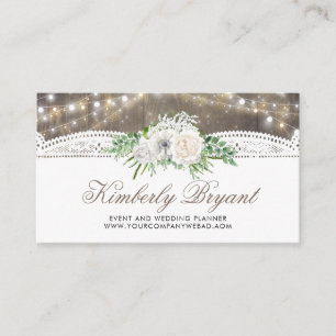 Rustic Country String of Lights Lace Wood Floral Business Card