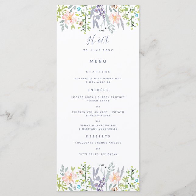 Rustic country style floral Wedding Breakfast Menu (Front)