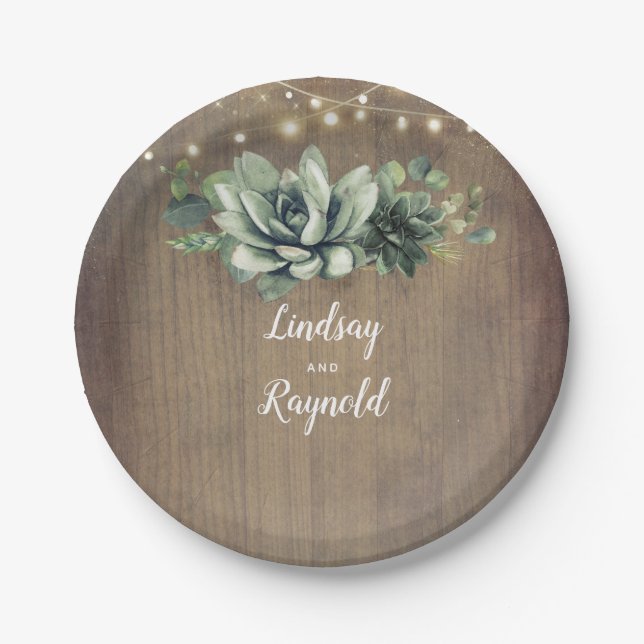 Rustic Country Succulents Greenery Wedding Paper Plate (Front)
