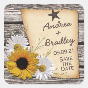 Rustic Country Sunflowe Daisy Wedding Save Date Square Sticker