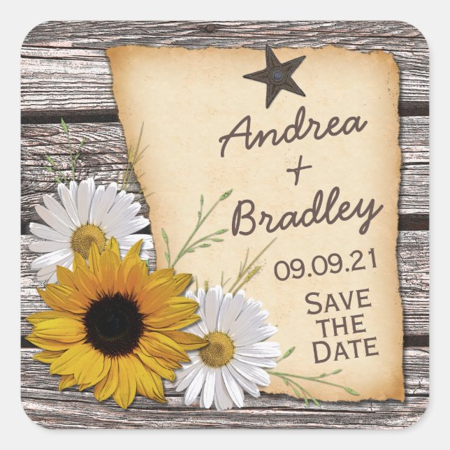 Rustic Country Sunflowe Daisy Wedding Save Date Square Sticker (Front)