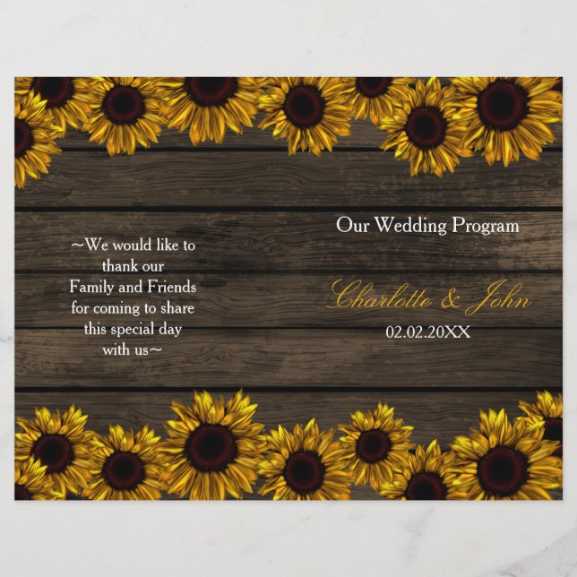 Rustic Country Sunflower Barn Wood Wedding program (Front)