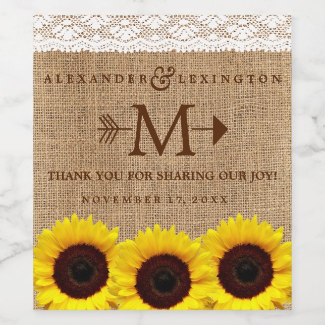 Rustic Country Sunflower Burlap Monogram Wedding Wine Label (Single Label)