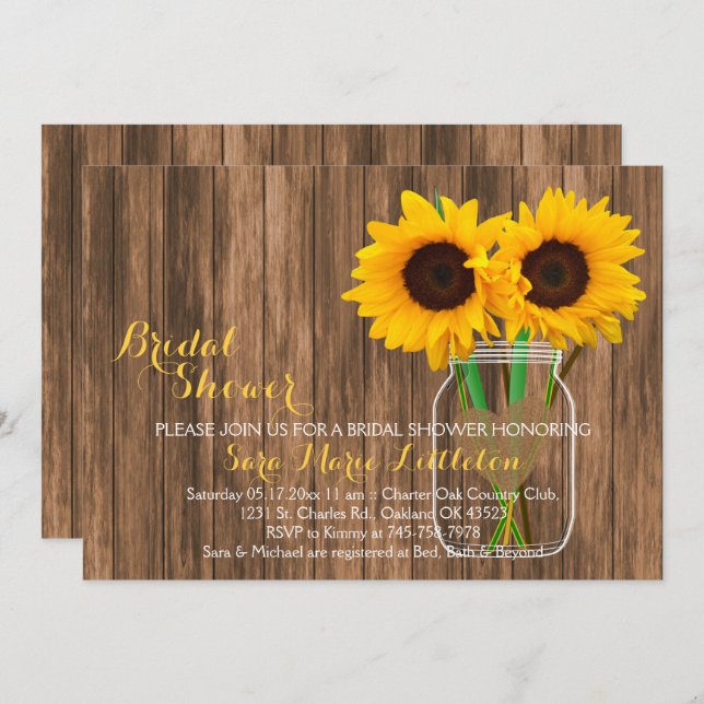 Rustic Country Sunflower Mason Jar Bridal Shower Invitation (Front/Back)