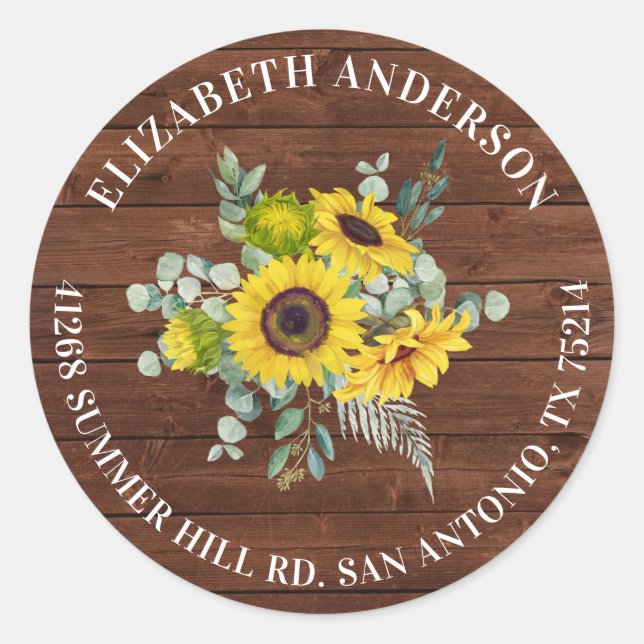 Rustic Country Sunflower Return Address Classic Round Sticker (Front)