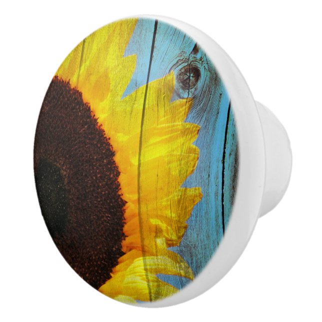 Rustic Country Sunflower Teal Wood Ceramic Knob (Right)