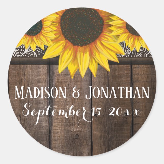 Rustic Country Sunflower Wedding Barn Wood Custom Classic Round Sticker (Front)