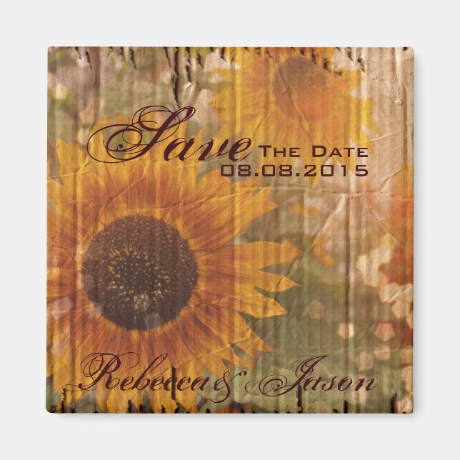 rustic country sunflower wedding save the date magnet (Front)