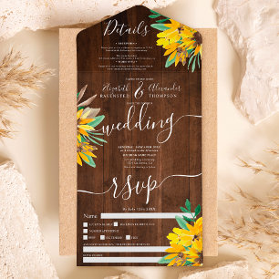 Rustic country sunflower wood script wedding all in one invitation