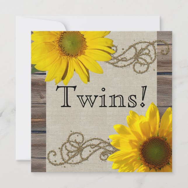 Rustic Country Sunflower Wood Twin Baby Shower Invitation (Front)