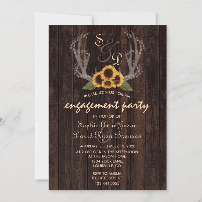 Rustic Country Sunflowers Antlers Engagement Invitation (Front)
