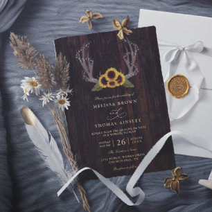 Rustic Country Sunflowers Antlers QR Code Wedding Invitation