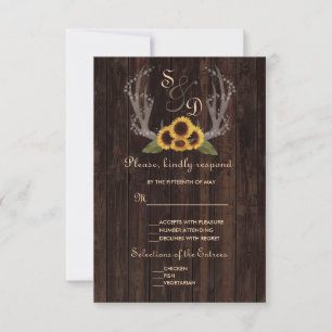 Rustic Country Sunflowers Antlers Wedding RSVP Card