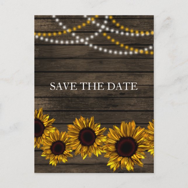 Rustic Country Sunflowers Barn Wood Save the Date Announcement Postcard (Front)