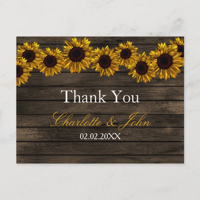 Rustic Country Sunflowers Barn Wood Thank You Postcard (Front)