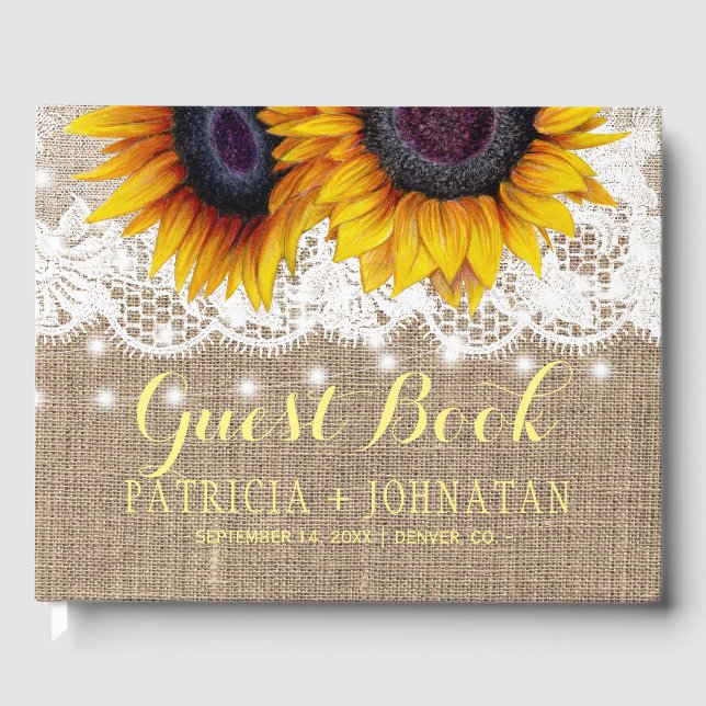 Rustic country sunflowers burlap and lace wedding guest book (Front)