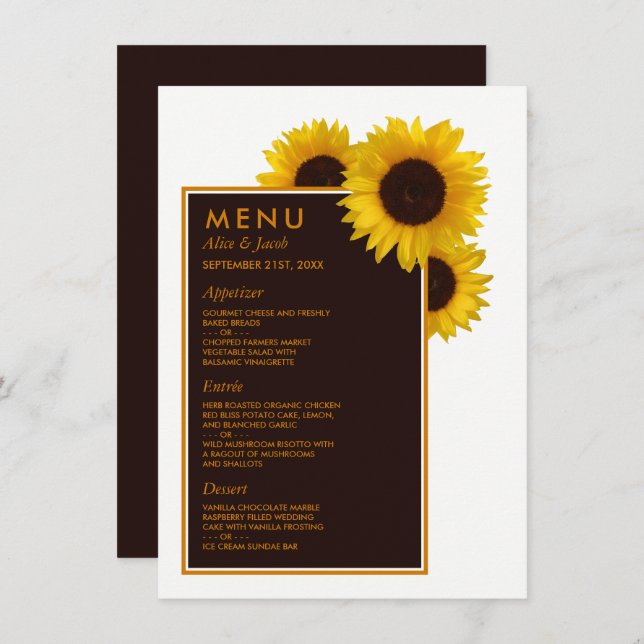 Rustic Country Sunflowers - Floral Wedding Menu (Front/Back)