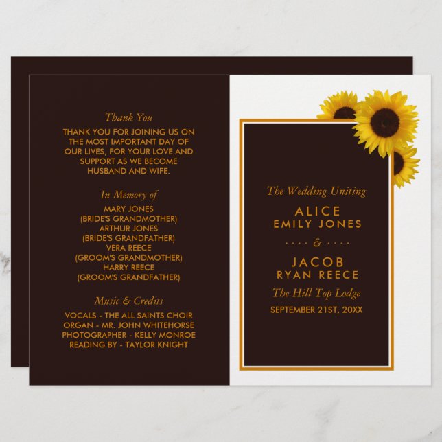 Rustic Country Sunflowers Floral Wedding Programme (Front/Back)