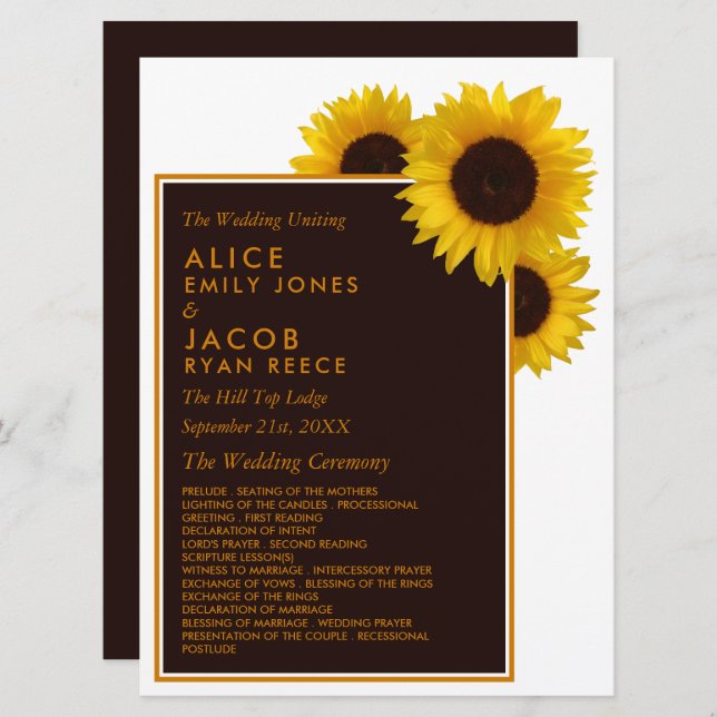 Rustic Country Sunflowers - Floral Wedding Programme (Front/Back)