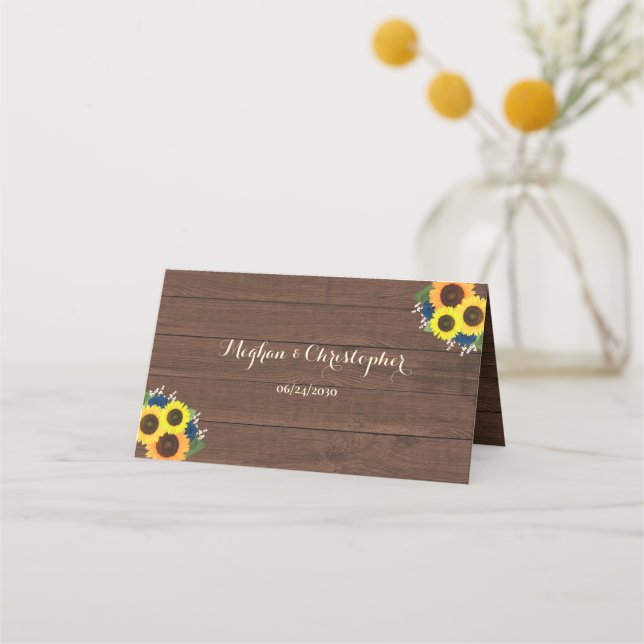 Rustic Country Sunflowers Navy Blue Roses Wedding Place Card (Front)
