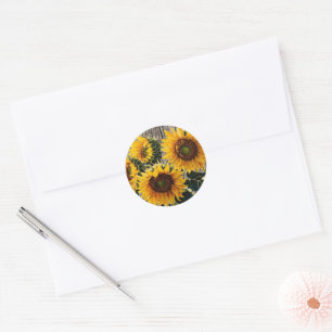 Rustic Country Sunflowers On Barnboard Print" Classic Round Sticker